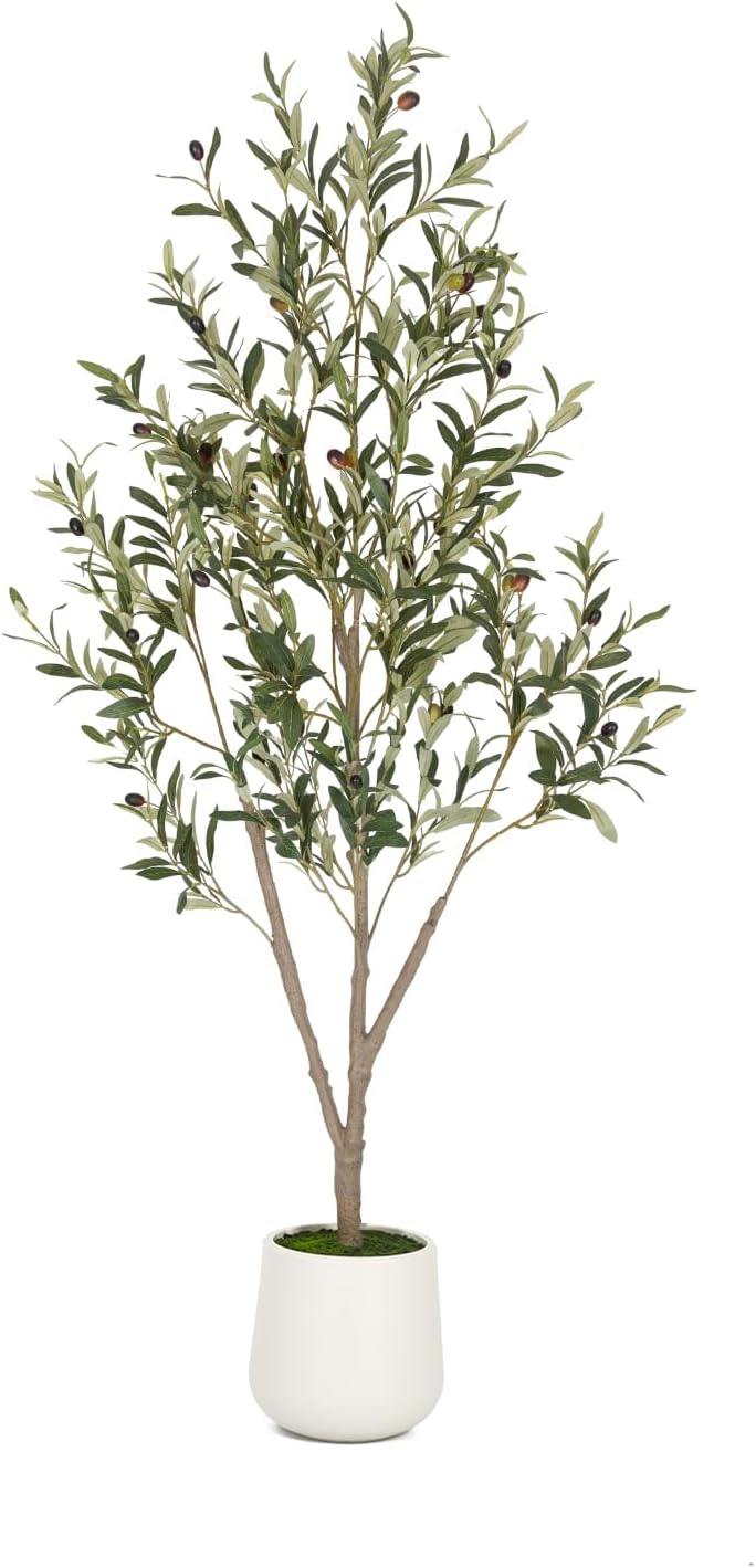 VIVATREES Olive Trees Artificial Indoor, 5FT Tall Faux Olive Tree with White Tall Planter, Artificial Plants with Natural Wood Trunk and Lifelike Fruits for Home Office Decor