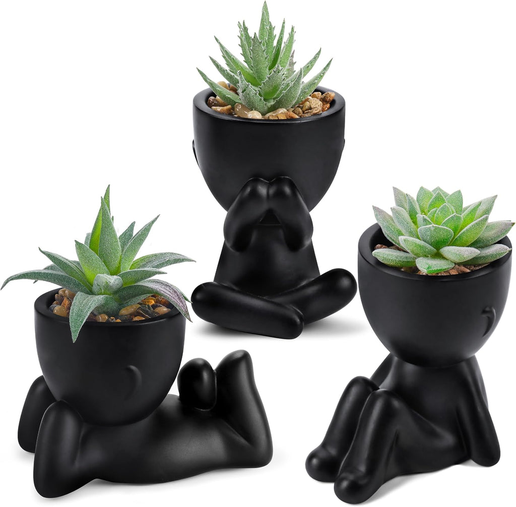 Der Rose 3 Pack Fake Plants in Black Pots for Bathroom Living Room Decor | Unique black human-shaped pot，cute fake succulents plants，perfect for black desk shelf bedroom halloween decor，fresh all year