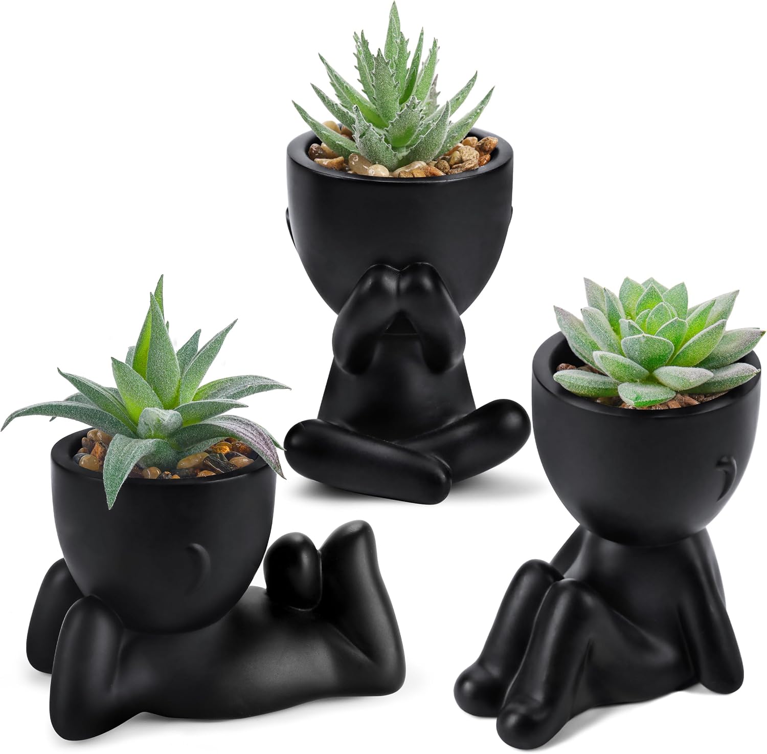 Der Rose 3 Pack Fake Plants in Black Pots for Bathroom Living Room Decor | Unique black human-shaped pot，cute fake succulents plants，perfect for black desk shelf bedroom halloween decor，fresh all year