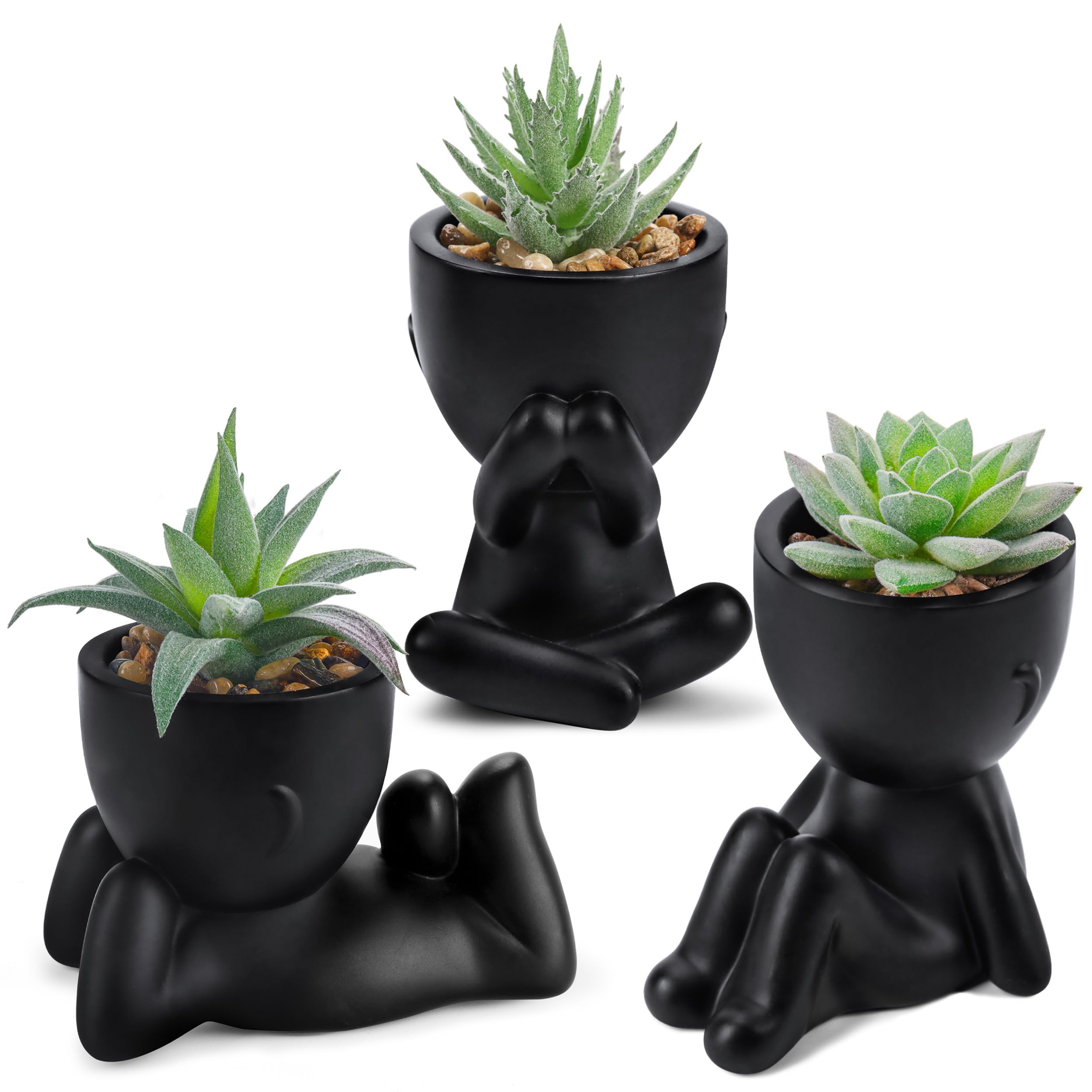 Der Rose 3 Pack Fake Plants in Black Pots for Bathroom Living Room Decor | Unique black human-shaped pot，cute fake succulents plants，perfect for black desk shelf bedroom halloween decor，fresh all year