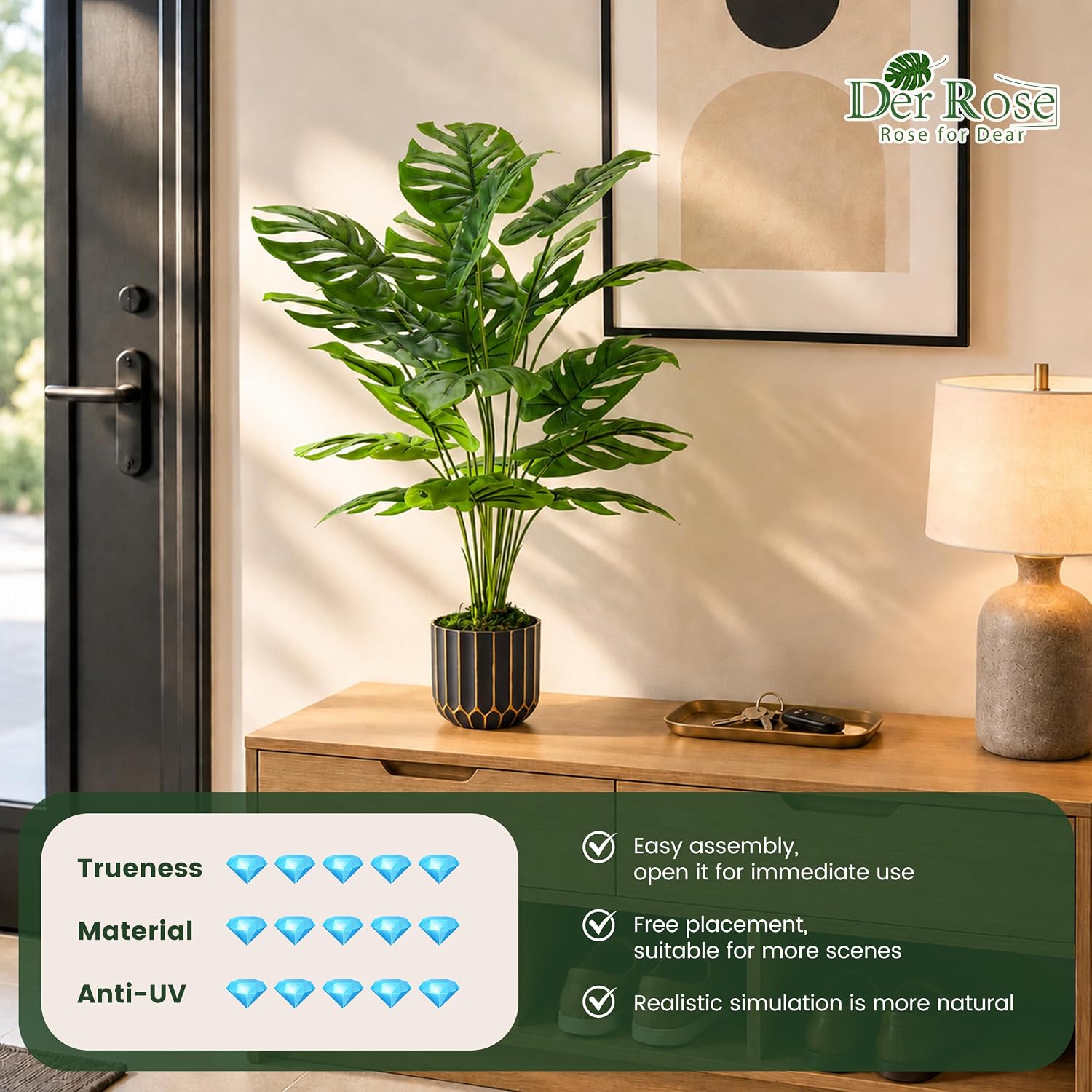 Der Rose 28" Fake Plants, Monstera Plant in Black Gold Pot for Home Decor | Artificial plants indoor add refined tropical greenery to modern offices, elegant entryways, reception areas and house decor