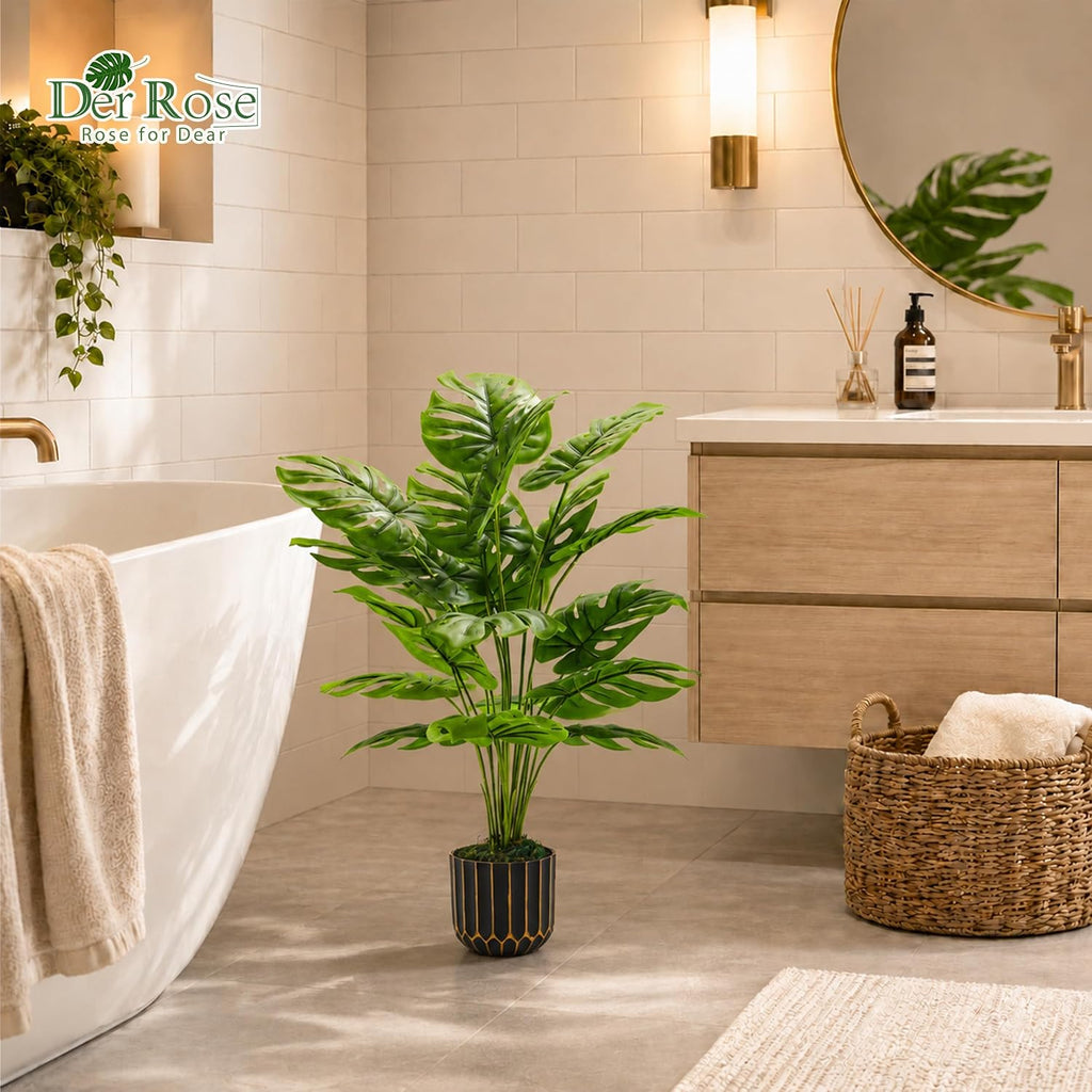 Der Rose 28" Fake Plants, Monstera Plant in Black Gold Pot for Home Decor | Artificial plants indoor add refined tropical greenery to modern offices, elegant entryways, reception areas and house decor