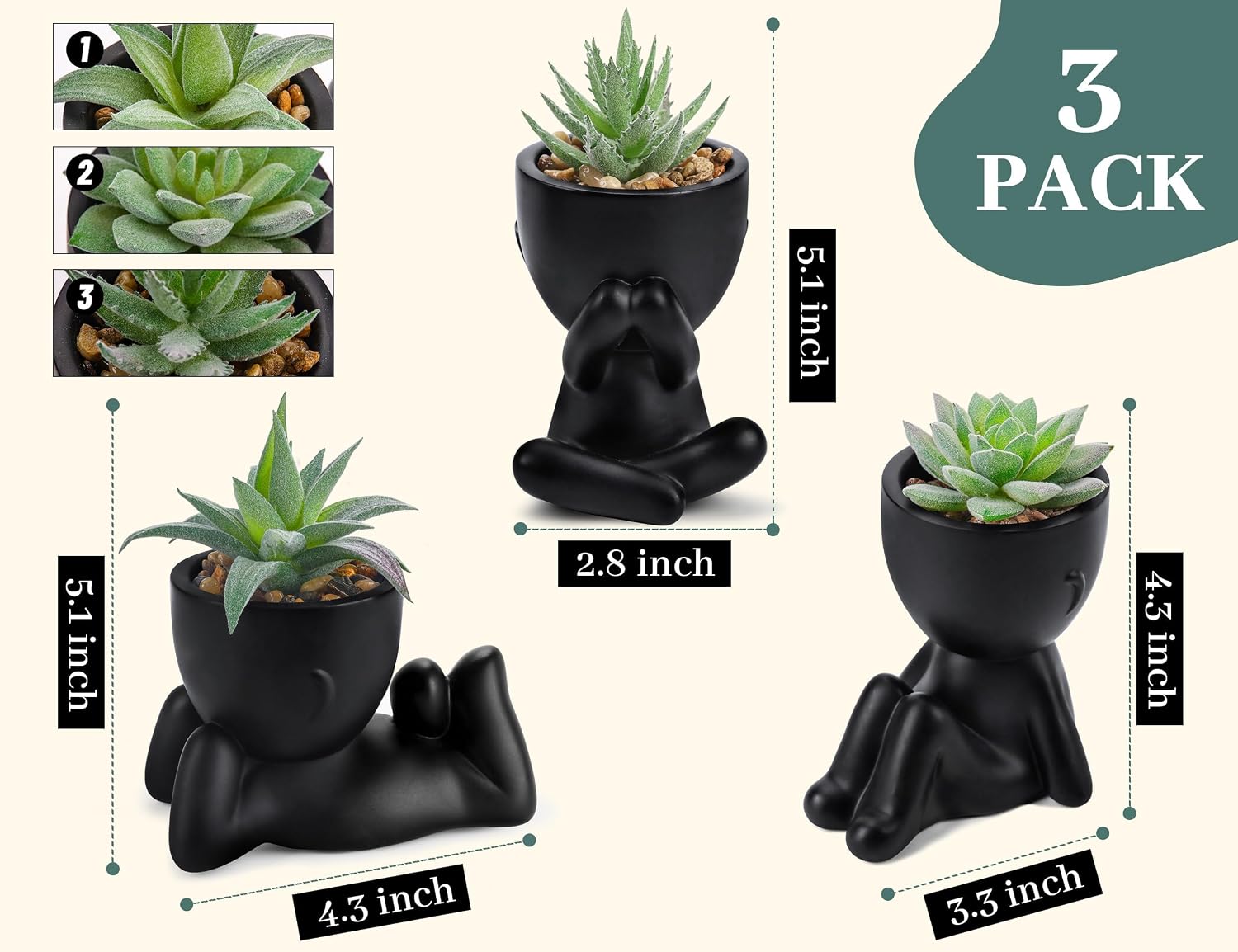 Der Rose 3 Pack Fake Plants in Black Pots for Bathroom Living Room Decor | Unique black human-shaped pot，cute fake succulents plants，perfect for black desk shelf bedroom halloween decor，fresh all year
