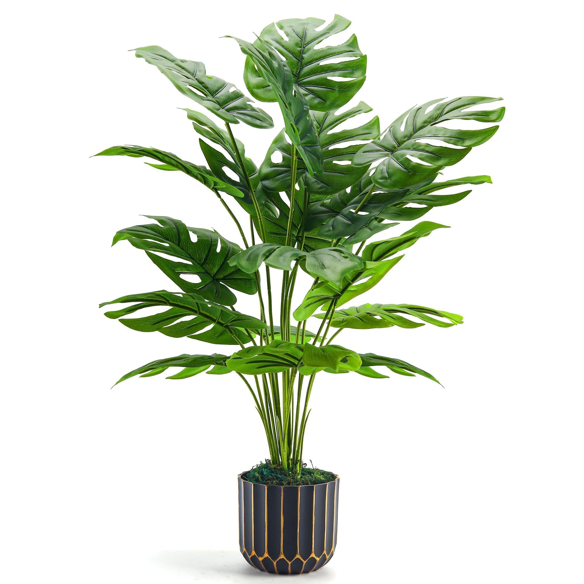 Der Rose 28" Fake Plants, Monstera Plant in Black Gold Pot for Home Decor | Artificial plants indoor add refined tropical greenery to modern offices, elegant entryways, reception areas and house decor