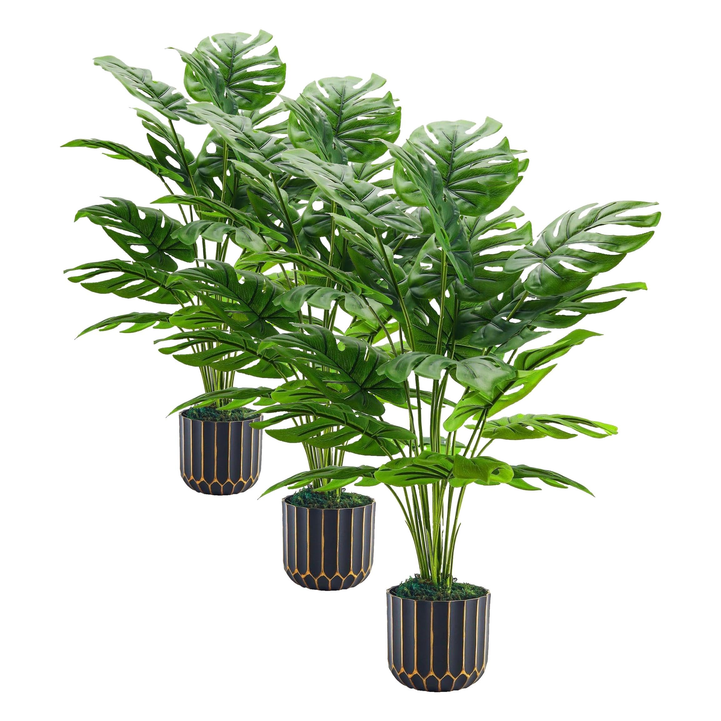 Der Rose 28" Fake Plants, Monstera Plant in Black Gold Pot for Home Decor | Artificial plants indoor add refined tropical greenery to modern offices, elegant entryways, reception areas and house decor