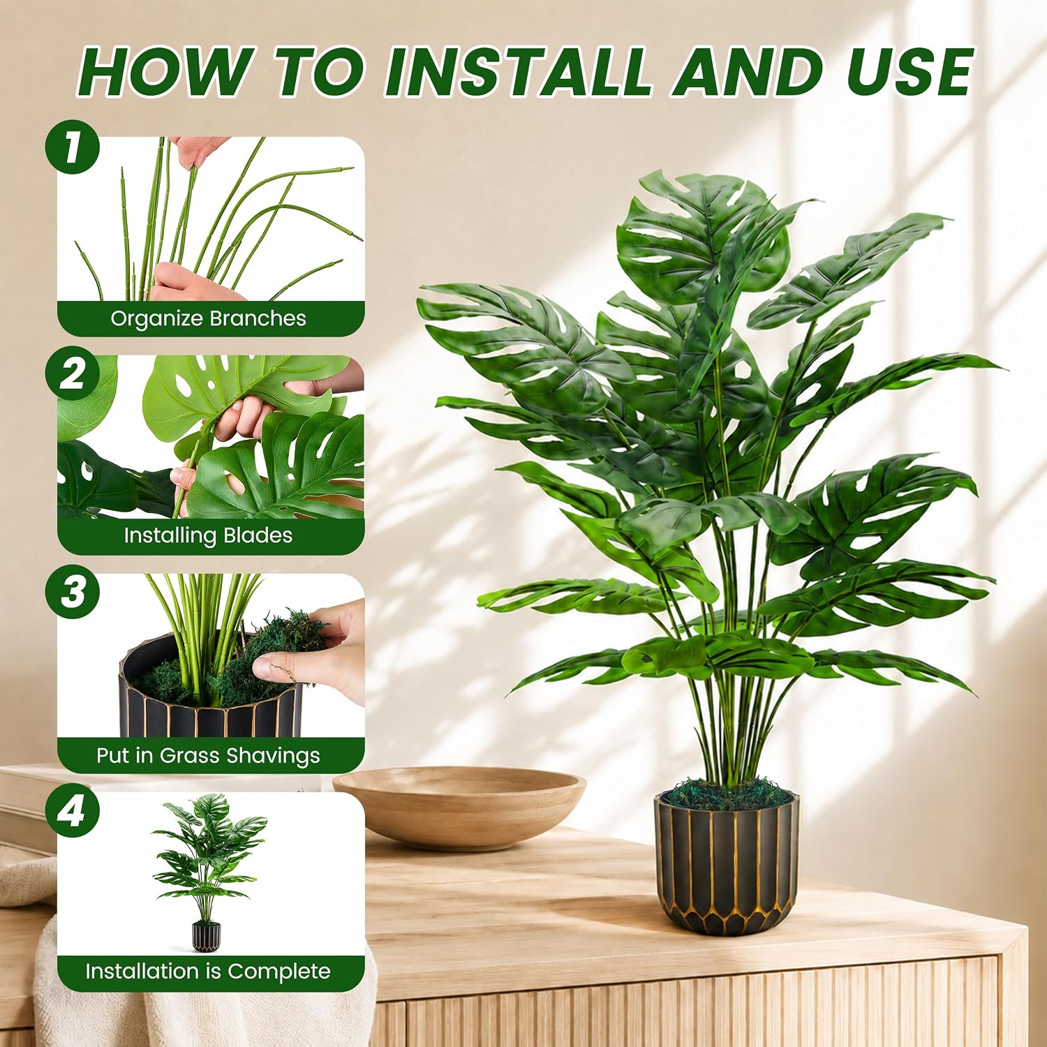 Der Rose 28" Fake Plants, Monstera Plant in Black Gold Pot for Home Decor | Artificial plants indoor add refined tropical greenery to modern offices, elegant entryways, reception areas and house decor