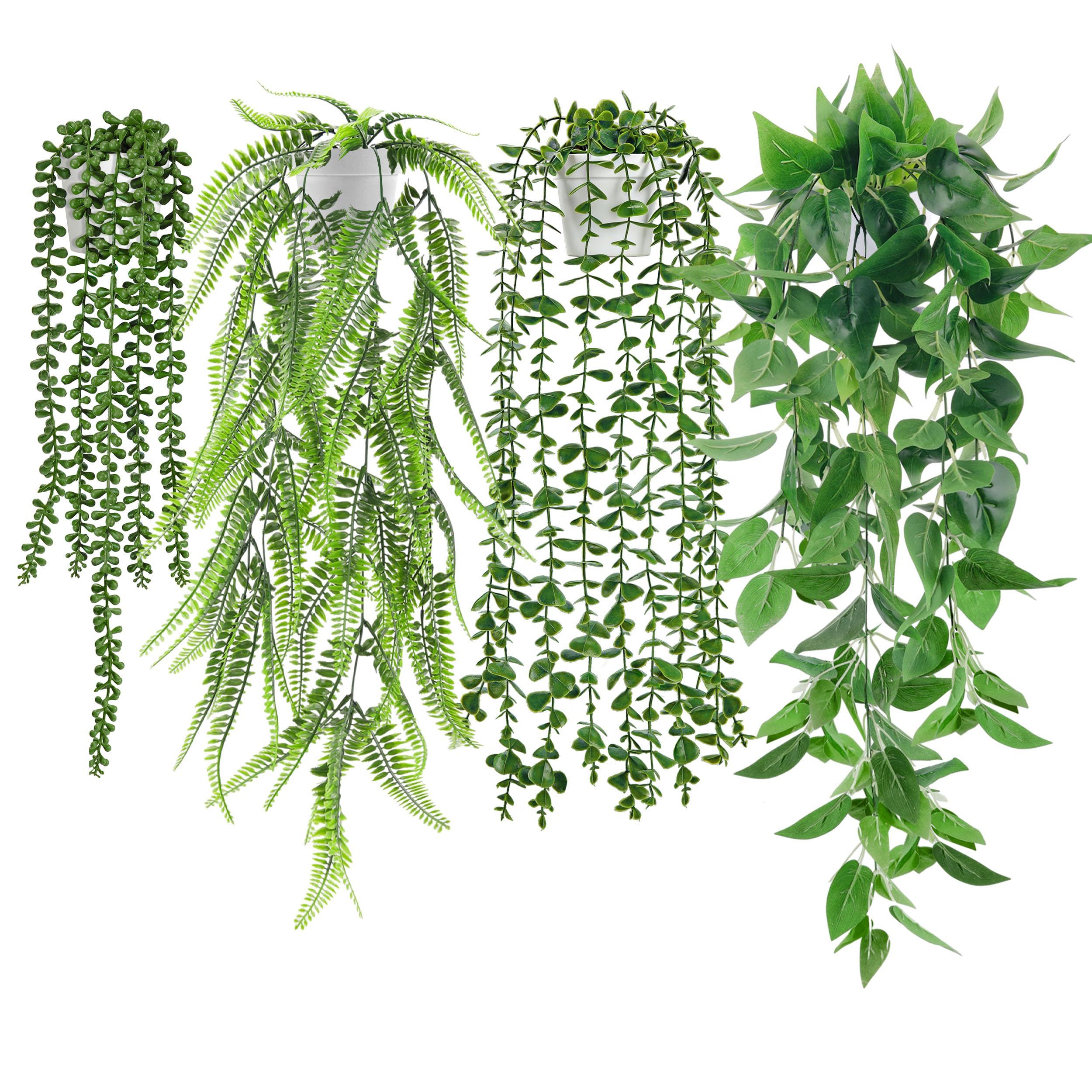 Der Rose 4Pcs Fake Hanging Plants with Lush Cascading Greenery | Artificial plant with black pots, 20–34 in long faux vine, for bathroom, kitchen, living room wall, shelf decor indoor