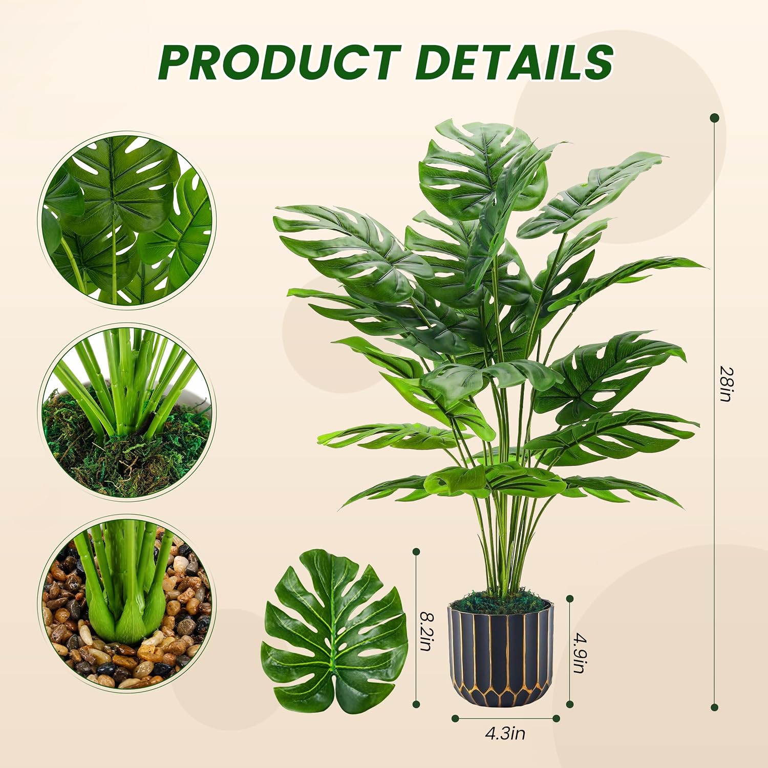 Der Rose 28" Fake Plants, Monstera Plant in Black Gold Pot for Home Decor | Artificial plants indoor add refined tropical greenery to modern offices, elegant entryways, reception areas and house decor
