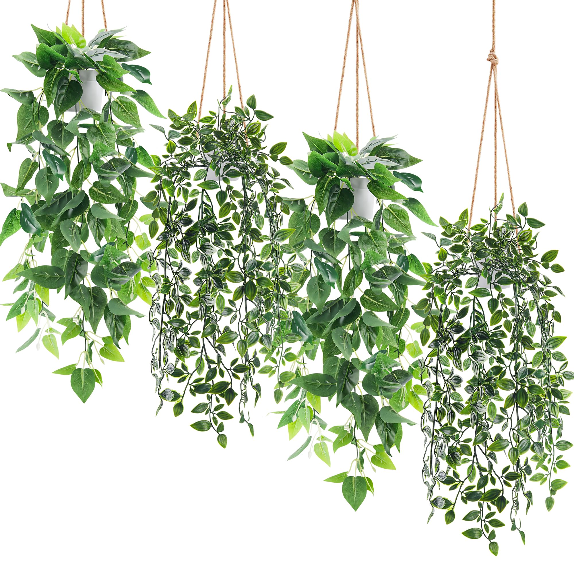 Der Rose 4Pcs Fake Hanging Plants with Lush Cascading Greenery | Artificial plant with black pots, 20–34 in long faux vine, for bathroom, kitchen, living room wall, shelf decor indoor