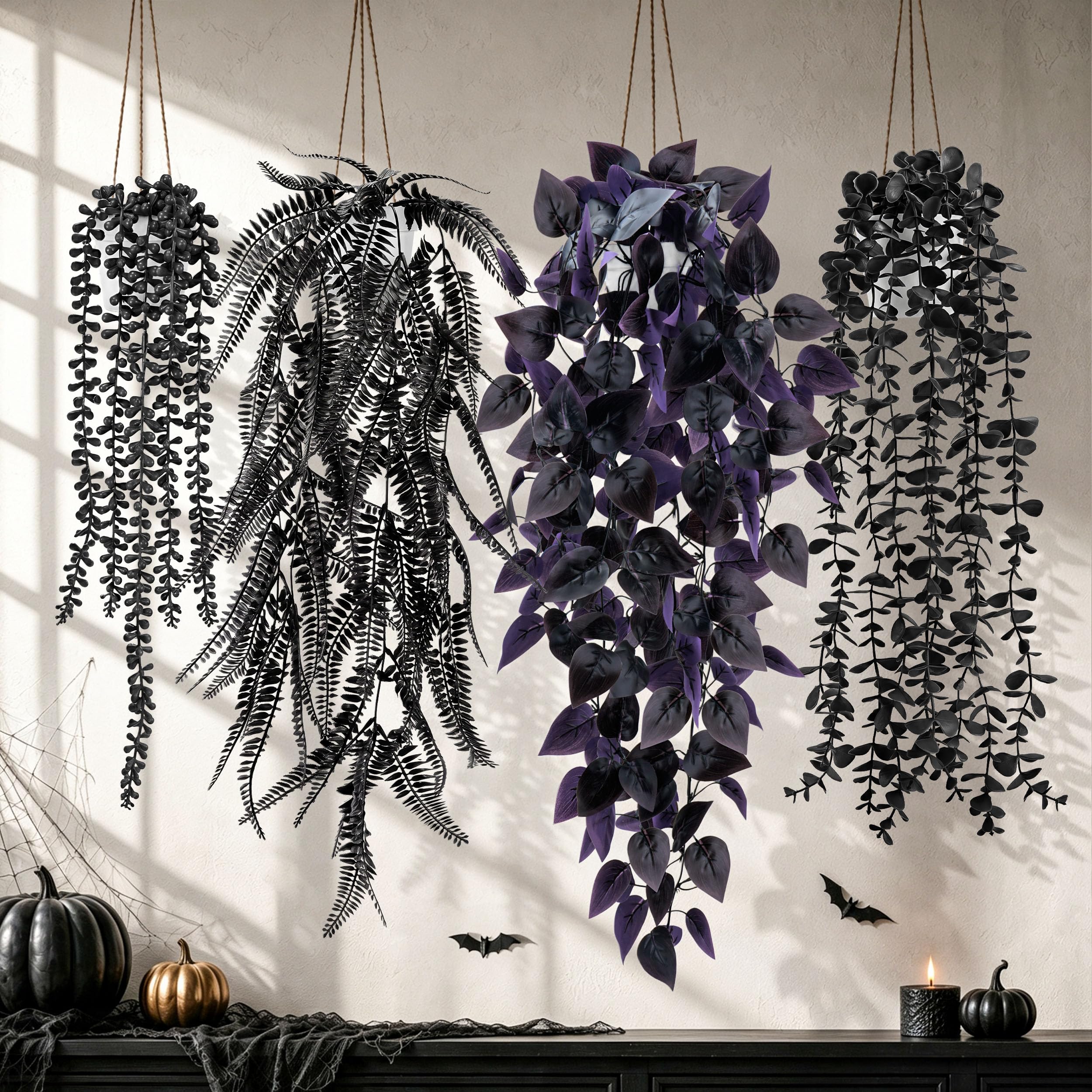 Der Rose 4Pcs Fake Hanging Plants with Lush Cascading Greenery | Artificial plant with black pots, 20–34 in long faux vine, for bathroom, kitchen, living room wall, shelf decor indoor