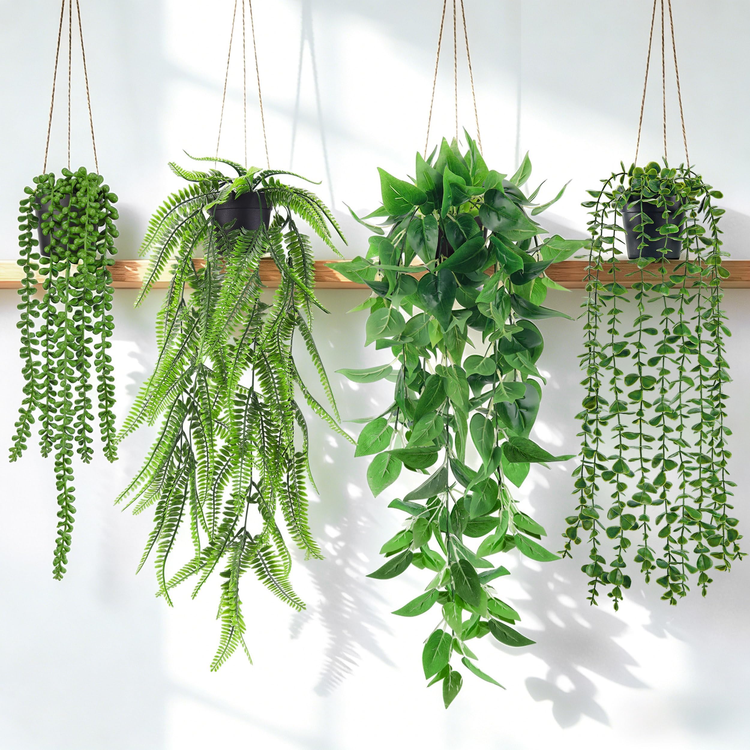 Der Rose 4Pcs Fake Hanging Plants with Lush Cascading Greenery | Artificial plant with black pots, 20–34 in long faux vine, for bathroom, kitchen, living room wall, shelf decor indoor