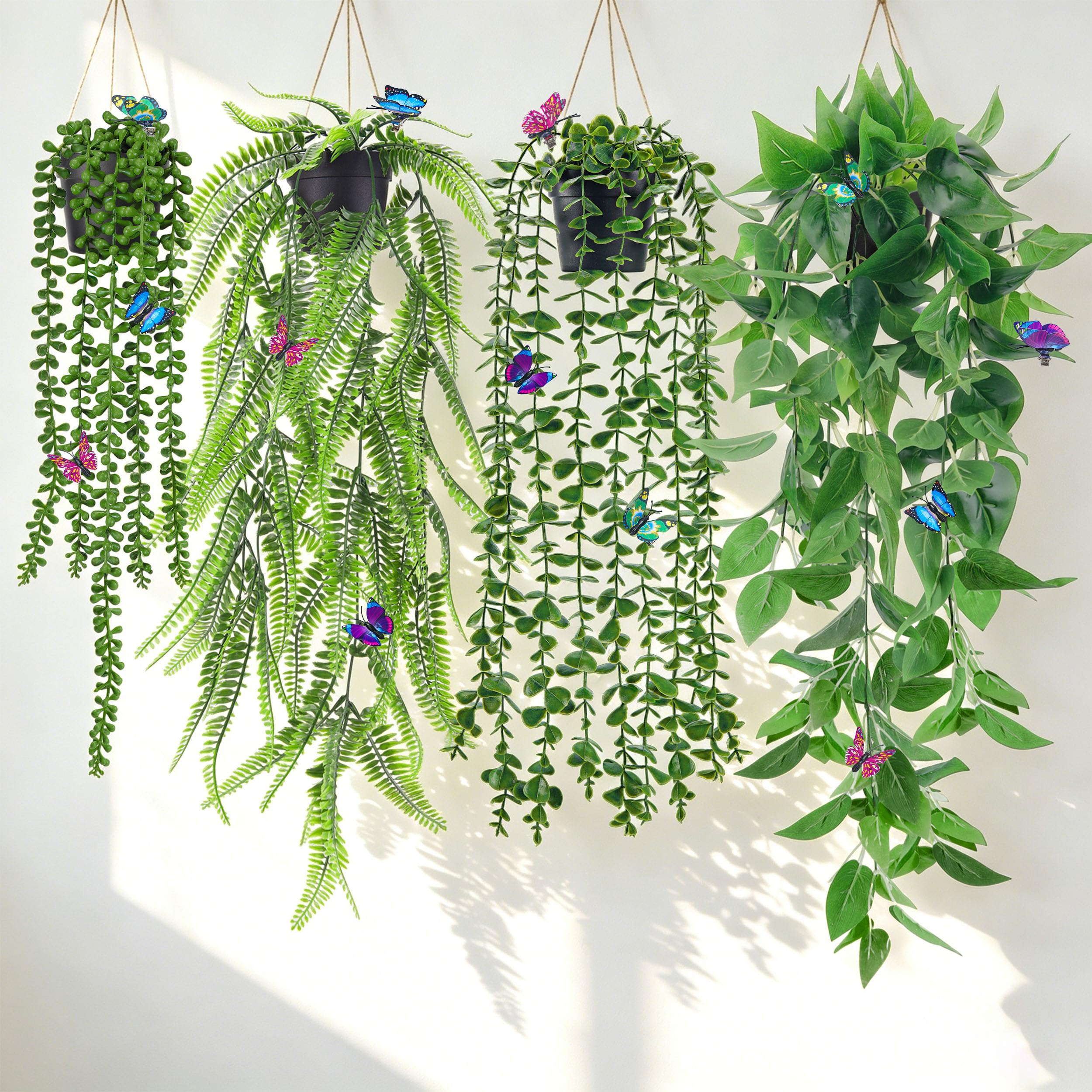 Der Rose 4Pcs Fake Hanging Plants with Lush Cascading Greenery | Artificial plant with black pots, 20–34 in long faux vine, for bathroom, kitchen, living room wall, shelf decor indoor
